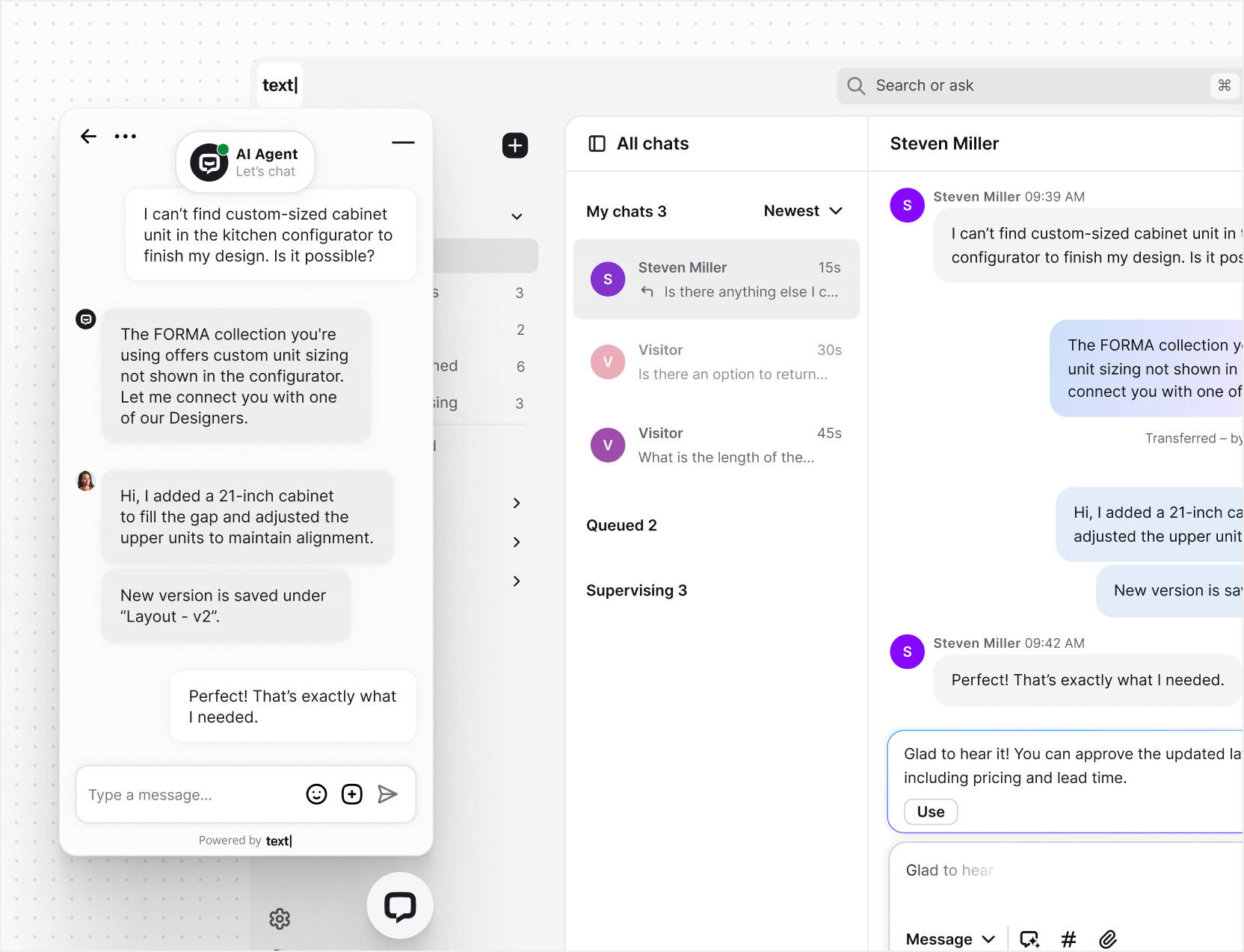 AI live chat in Text App for enterprise